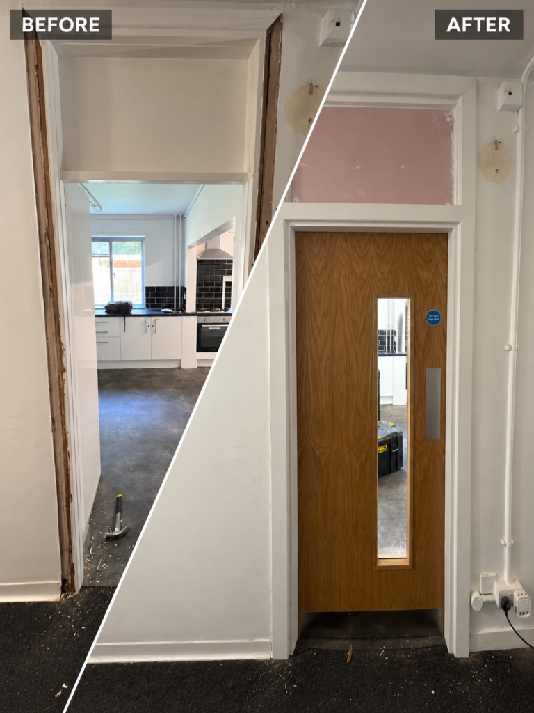 Doorway before and after, showing a white glazed door replaced with a timber door with a narrow vision panel.