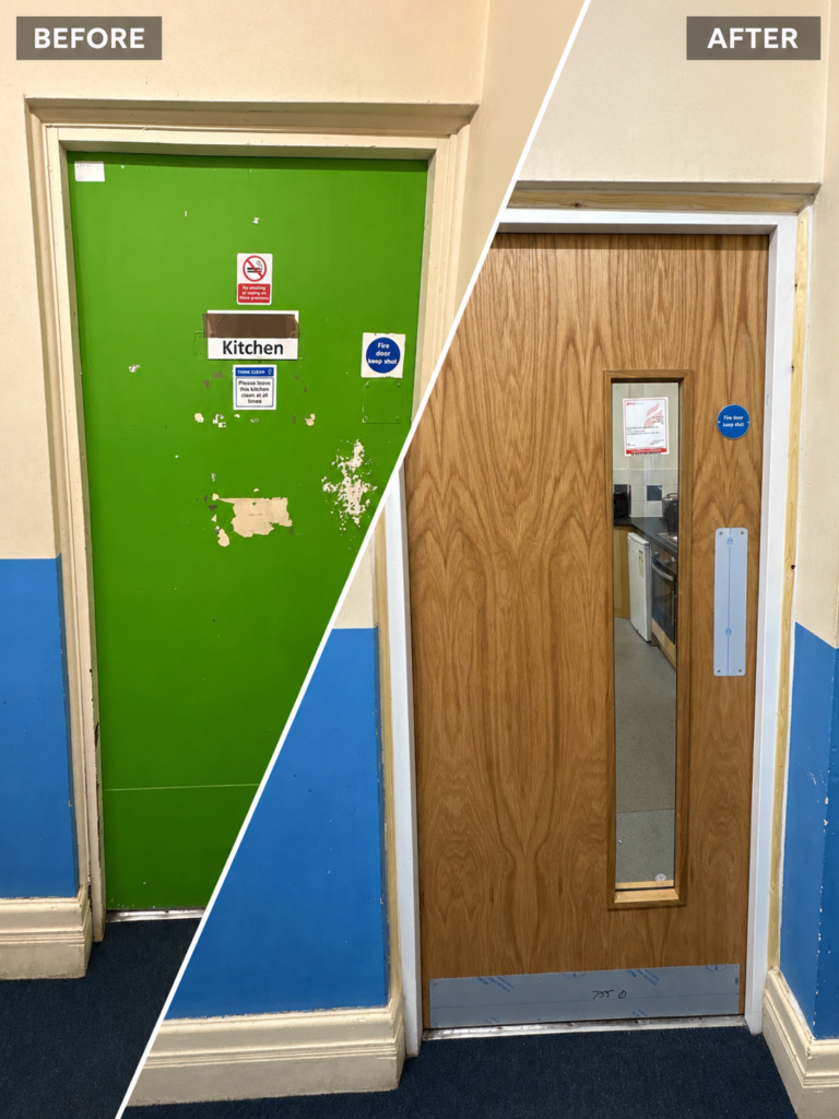 Kitchen doorway before and after, showing a green door replaced with a timber door.