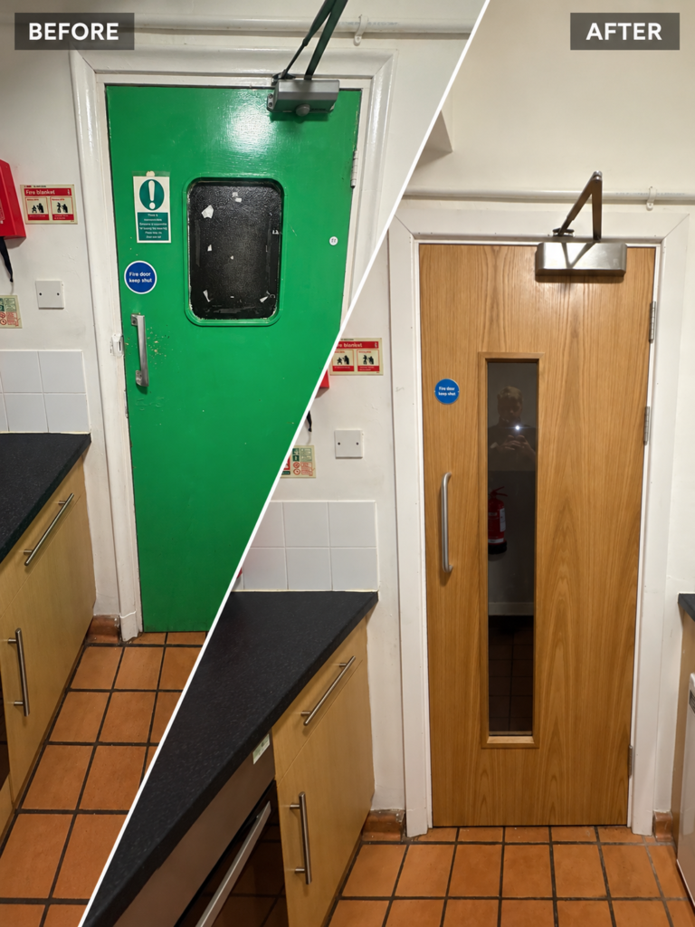 Before and after kitchen doorway refurbishment, showing a green glazed door replaced with a timber door and closer.